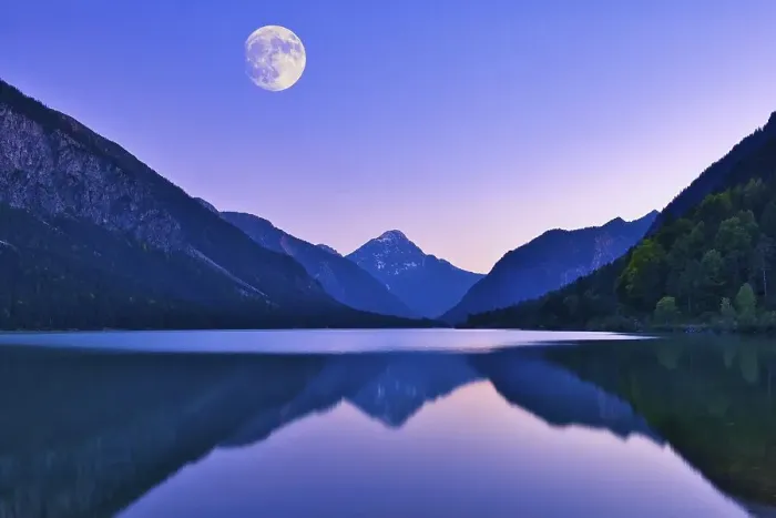 Framed Print : Lake Plansee with full moon, evening mood