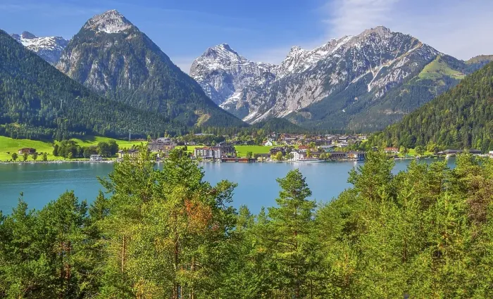 Framed Print : Lake shore with village and Karwendel mountains Framed Print : Lake shore with village and Karwendel mountains