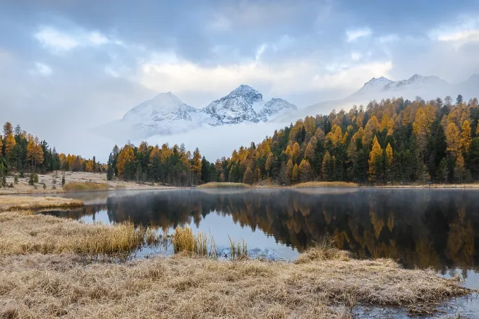 Framed Print : Lake Staz against mountain backdrop