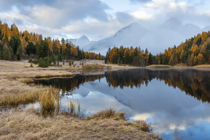 Framed Print : Lake Stazer in front of mountain peaks with snow