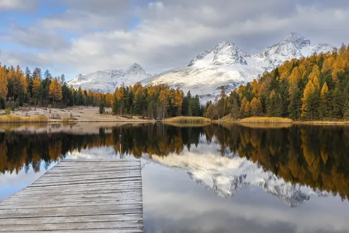 Framed Print : Lake Stazer in front of mountain peaks with snow Framed Print : Lake Stazer in front of mountain peaks with snow