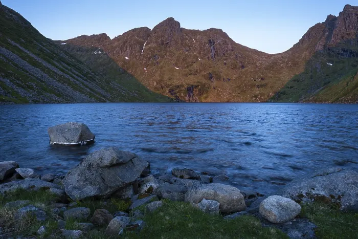 Framed Print : Lake Utdalsvatnet at night at the time of the midnight sun in good weather