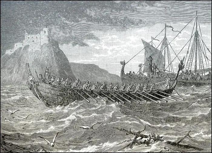 Framed Print : Landing Danes in England, 787, invasion with viking longships Framed Print : Landing Danes in England, 787, invasion with viking longships