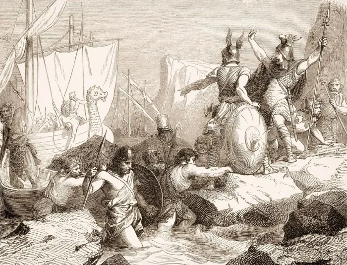 Framed Print : Landing vikings in France, 9th century Framed Print : Landing vikings in France, 9th century