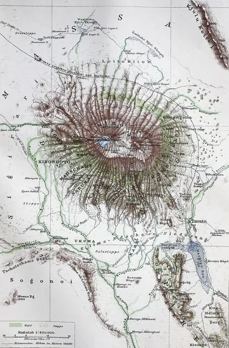 Framed Print : Landkarte, map from the year 1892: Mount Kilimanjaro