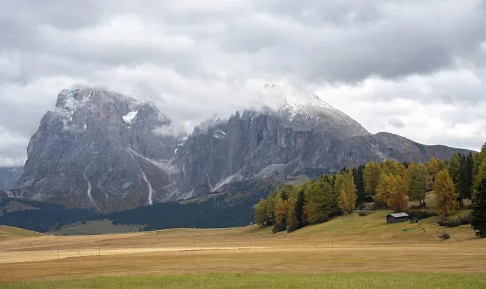 Framed Print : Landscape autumn meadow field. Dolomite rocky peaks