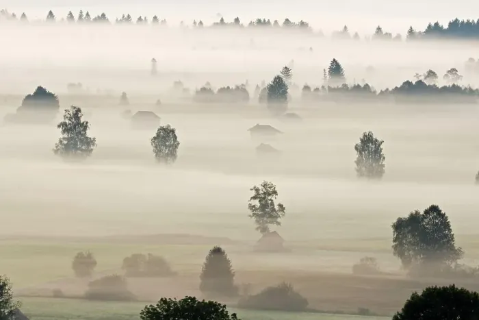 Framed Print : Landscape covered in fog, Bavarian pre-Alps, Upper Bavaria, Bavaria, Germany, Europe