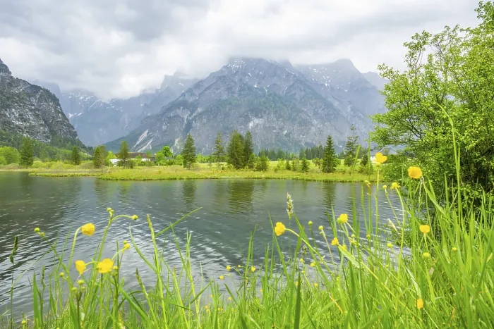 Framed Print : Landscape of Lake Almsee on a rainy day in spring Framed Print : Landscape of Lake Almsee on a rainy day in spring