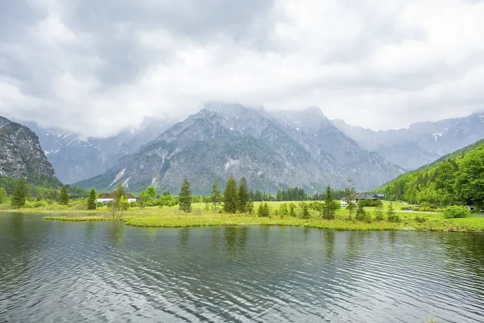 Framed Print : Landscape of Lake Almsee on a rainy day in spring