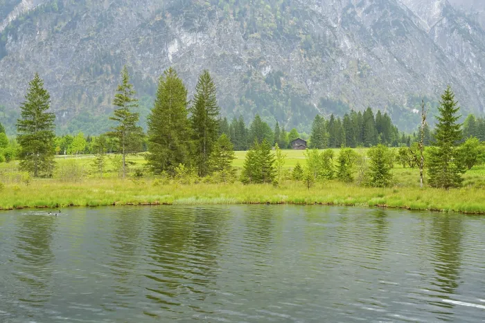 Framed Print : Landscape of Lake Almsee on a rainy day in spring Framed Print : Landscape of Lake Almsee on a rainy day in spring