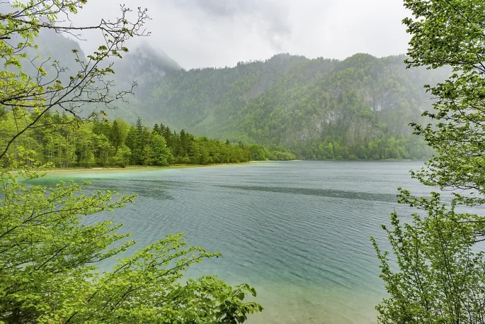 Framed Print : Landscape of Lake Offensee on a rainy day in spring Framed Print : Landscape of Lake Offensee on a rainy day in spring