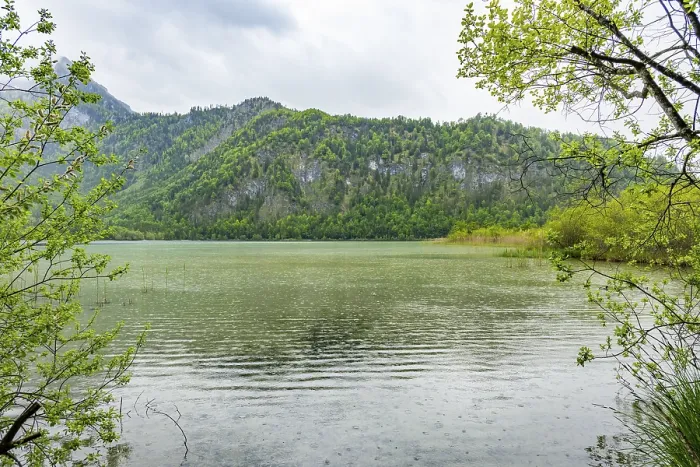 Framed Print : Landscape of Lake Offensee on a rainy day in spring Framed Print : Landscape of Lake Offensee on a rainy day in spring