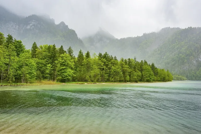 Framed Print : Landscape of Lake Offensee on a rainy day in spring