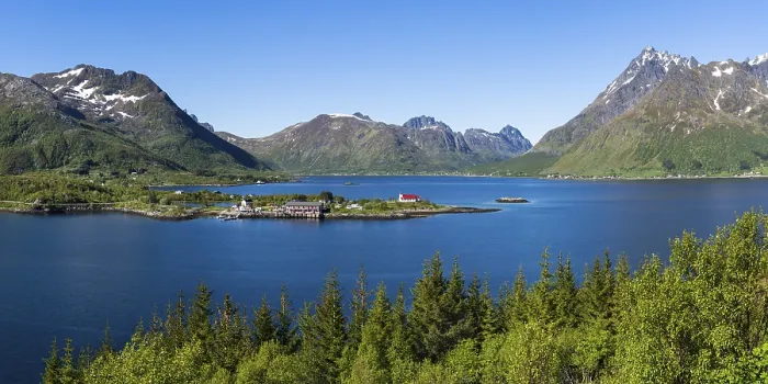 Framed Print : Landscape on the Lofoten Islands with sea and mountains