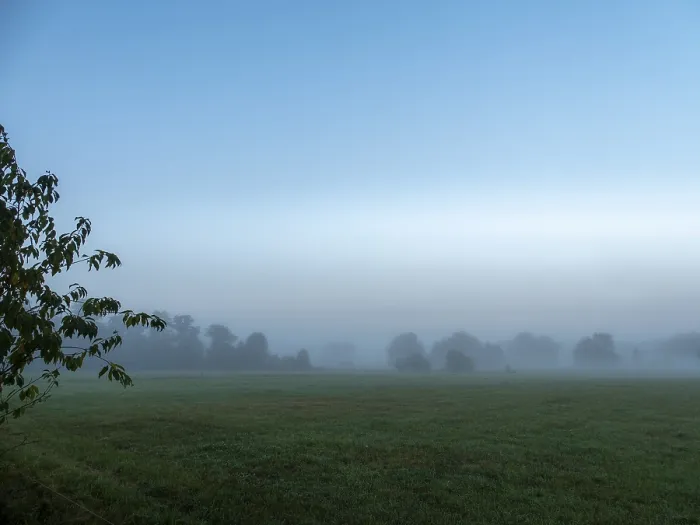 Framed Print : Landscape and meadows in the morning mist in autumn