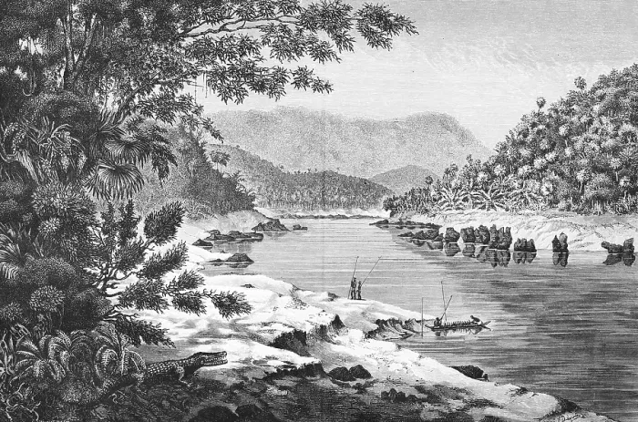 Framed Print : Landscape on the Mekong, river bank, mountain landscape, tropical vegetation, palm trees, crocodile, fruit, locals with boat, travelling in Southeast Asia, historical illustration 1887