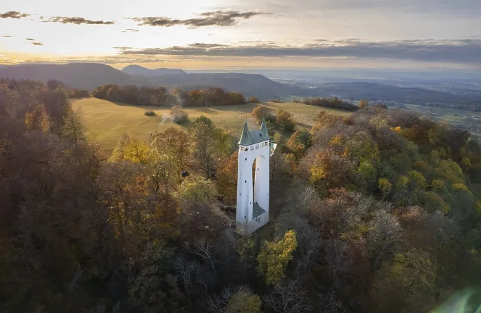 Framed Print : Landscape photograph of the Schonberg Tower in Golden Autumn