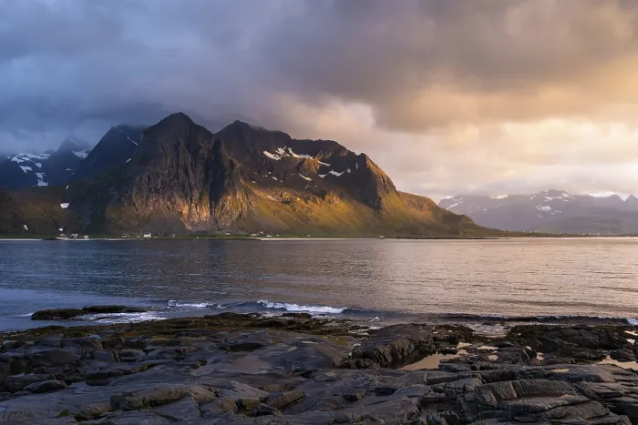 Framed Print : Landscape with sea and mountains on the Lofoten Islands