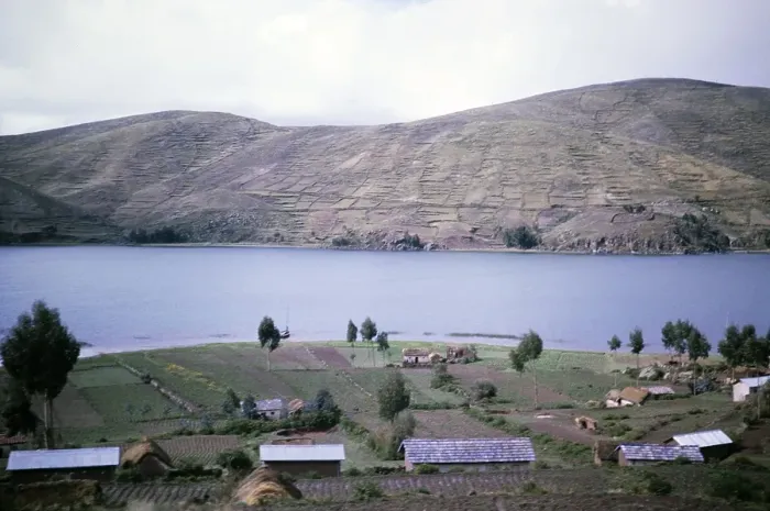 Framed Print : Landscape view of agriculture and houses on the shore of Lake Titicaca, Strait of Tiquina, Bolivia, South America, 1962, South America Framed Print : Landscape view of agriculture and houses on the shore of Lake Titicaca, Strait of Tiquina, Bolivia, South America, 1962, South America