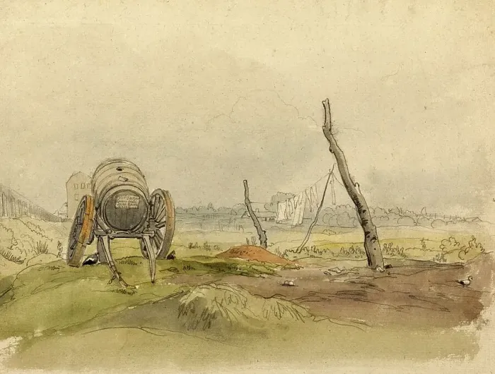Framed Print : Landscape with Water Wagon and Clothesline