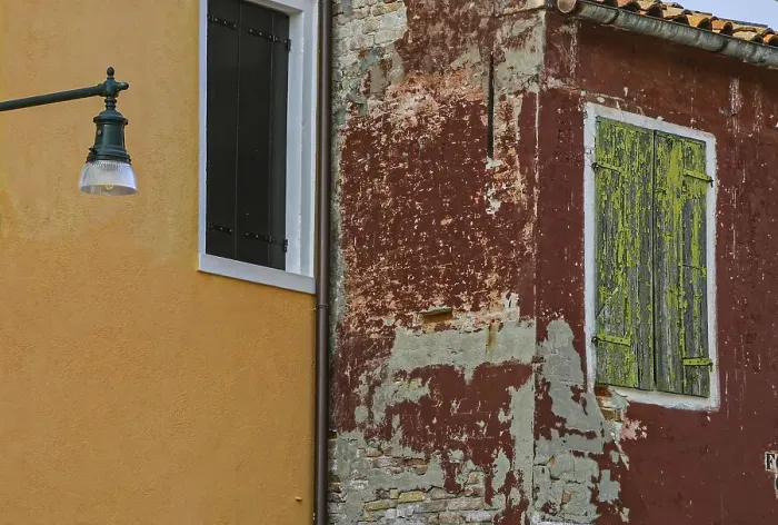 Framed Print : Lanterns, weathered house facade
