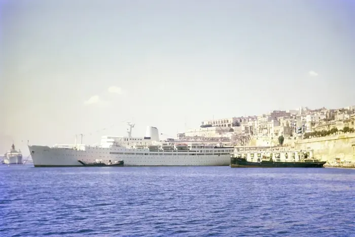 Framed Print : Large cruise ship in harbour, Valletta, Malta, Europe 1971, Europe