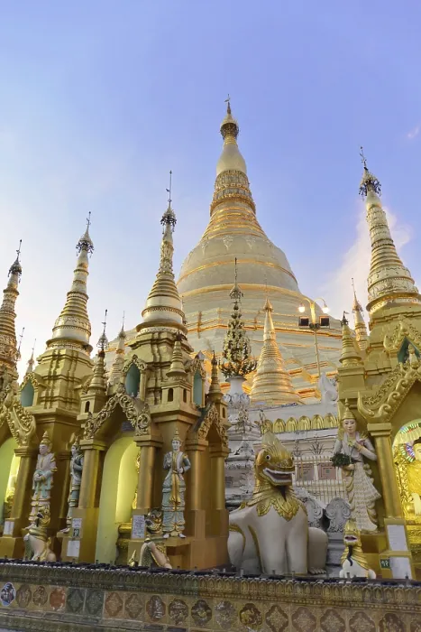 Framed Print : Large golden stupas under a blue sky in an evening mood