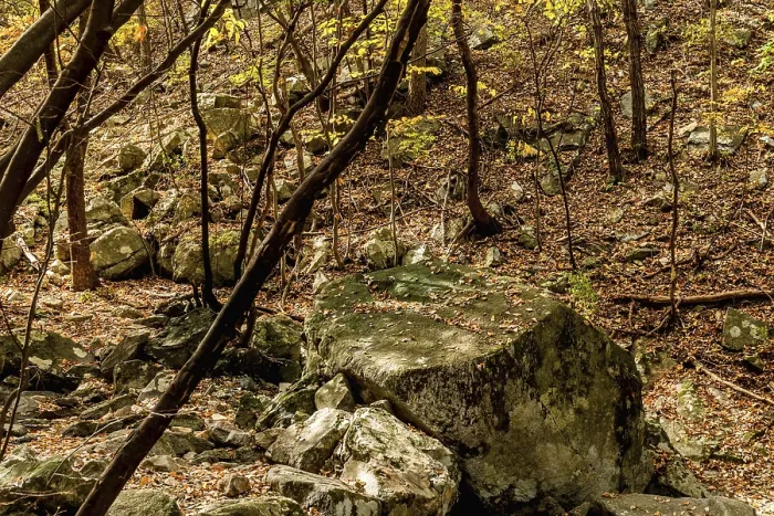Framed Print : Large granite boulders on mountainside in wilderness park