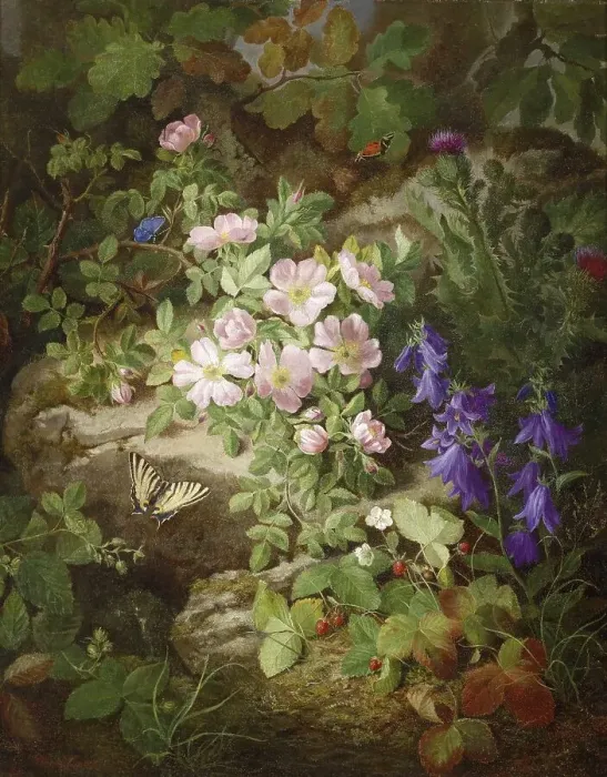 Framed Print : Large still life with alpine flowers and butterflies