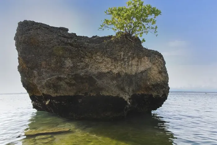 Framed Print : A large rock on the shore on a sunny day in Padang Padang Beach