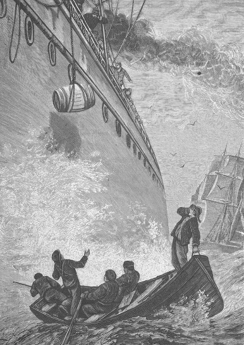 Framed Print : A large sea steamer gives provisions to a distressed sailing ship in the middle of the ocean