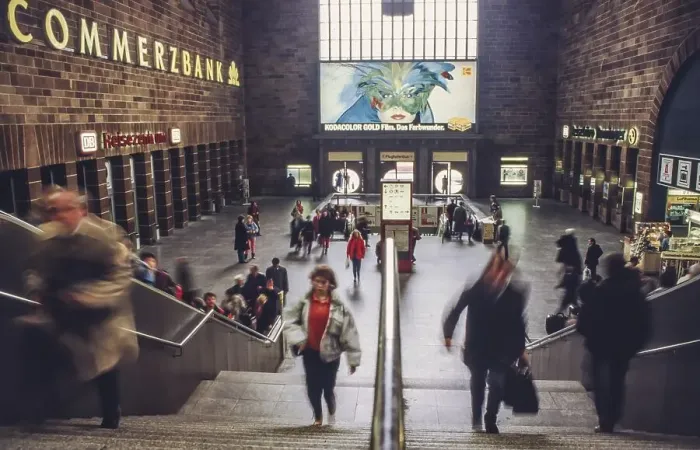 Framed Print : Large ticket hall with illuminated sign Commerzbank