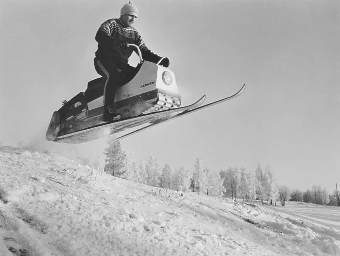 Framed Print : Larven (The caterpillar) A Swedish unconventional snowmobile that has now reached cult status. It consisted of a long caterpillar track with a seat where the driver sat and steered with the help of his weight and with his skis