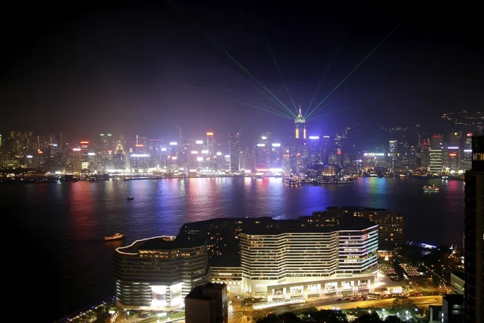 Framed Print : Laser show, view of Central over Victoria Harbour
