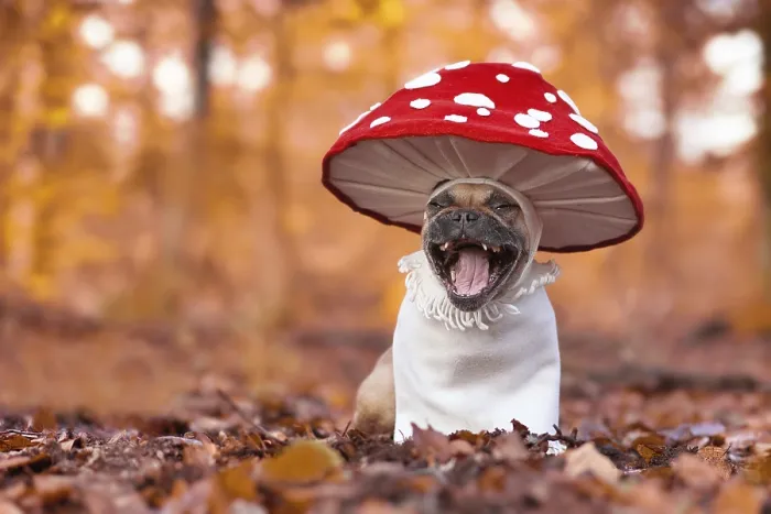 Framed Print : Laughing French Bulldog dog in funny unique fly agaric mushroom costume standing in orange autumn forest with copy Framed Print : Laughing French Bulldog dog in funny unique fly agaric mushroom costume standing in orange autumn forest with copy