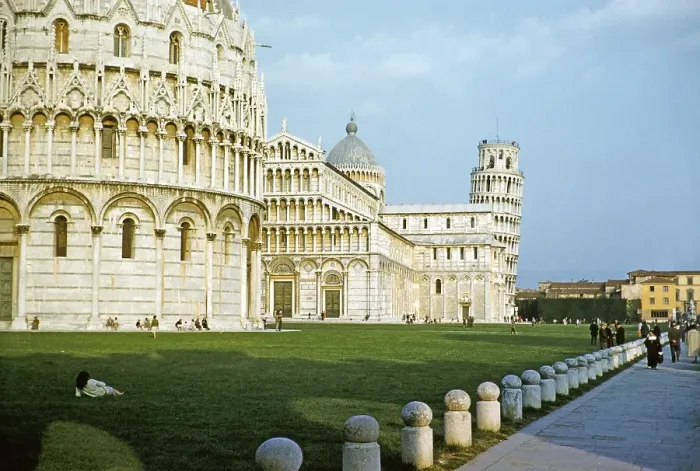 Framed Print : Leaning tower, campanile and cathedral church, Romanesque architecture, Piazza del Duomo, Pisa, Italy, 1959, Europe