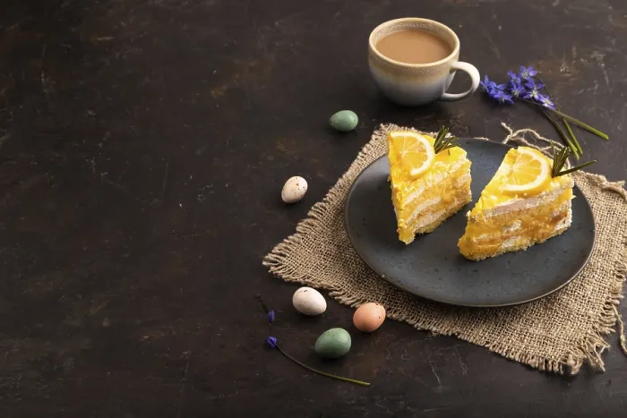 Framed Print : Lemon cake on black concrete background and linen textile Framed Print : Lemon cake on black concrete background and linen textile