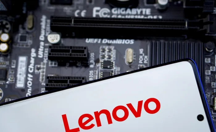 Framed Print : Lenovo Logo on smartphone