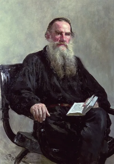 Framed Print : Leo Tolstoy, 1887, oil on canvas. Ilya Repin (1844-1930), Russian painter. Tolstoy (1828-1910), Russian writer, philosopher and mystic, sitting in an armchair, book in hand. His works include War and Peace and Anna Karenina. Beard