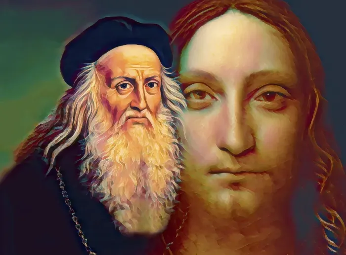 Framed Print : Leonardo da Vinci, 1452 - 1519, Italian painter, sculptor, architect and engineer, the painting Salvator Mundi, Savior of the World, digitally edited