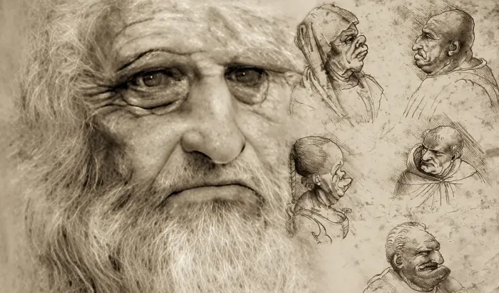 Framed Print : Leonardo da Vinci, 1452 - 1519, Italian painter, sculptor, architect and engineer, his painting Five caricature heads, digitally edited