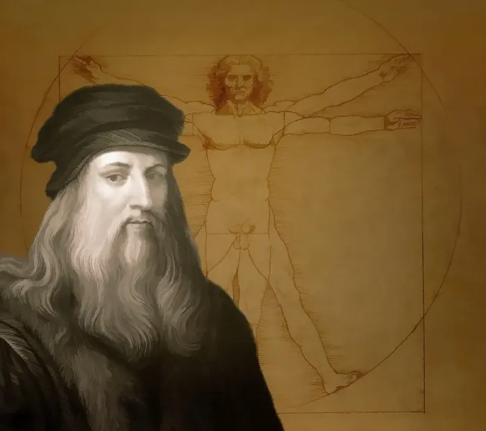 Framed Print : Leonardo da Vinci, 1452 - 1519, Italian painter, sculptor, architect and engineer, the painting The Vitruvian Man, digitally edited