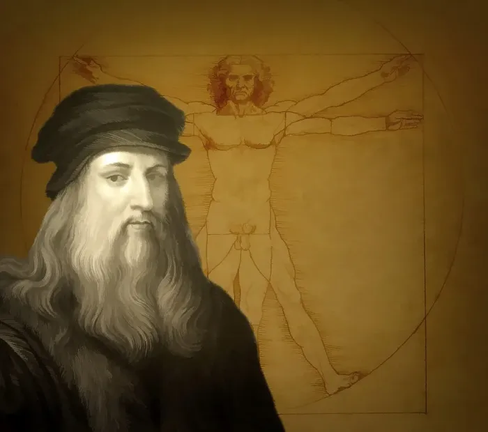 Framed Print : Leonardo da Vinci, 1452 - 1519, Italian painter, sculptor, architect and engineer, the painting The Vitruvian Man, digitally edited