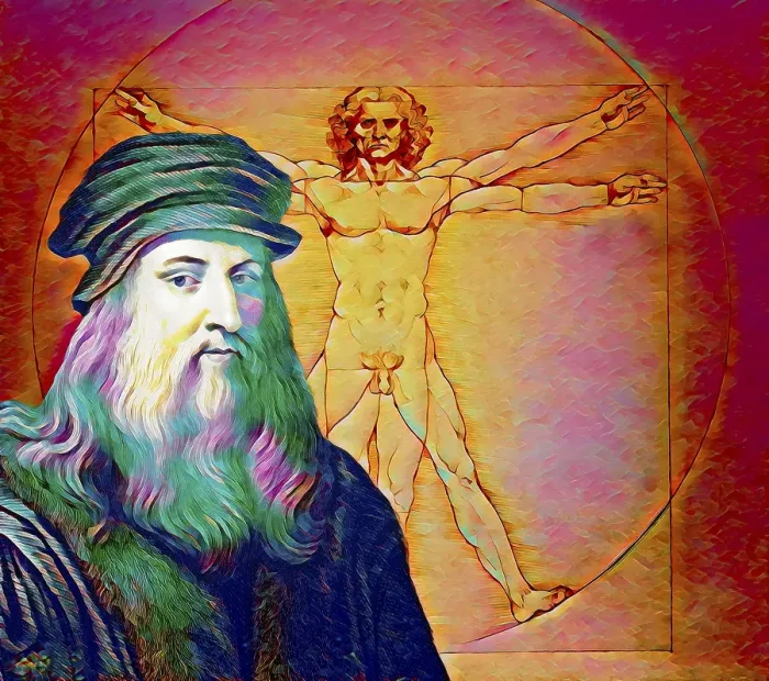 Framed Print : Leonardo da Vinci, 1452 - 1519, Italian painter, sculptor, architect and engineer, the painting The Vitruvian Man, digitally edited