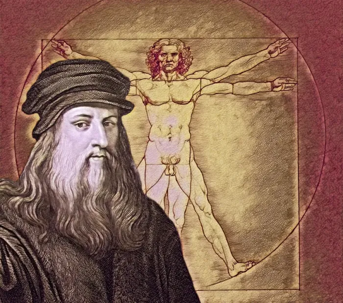 Framed Print : Leonardo da Vinci, 1452 - 1519, Italian painter, sculptor, architect and engineer, the painting The Vitruvian Man, digitally edited