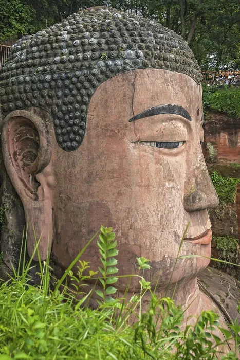 Framed Print : Leshan, China - July 2019 : The close up of the head of the Giant Leshan Buddha