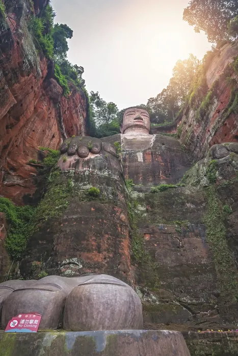 Framed Print : Leshan, China - July 2019 : The close up of the head and torso of the Giant Leshan Buddha