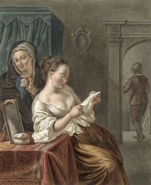 Framed Print : The Letter Reader, Young Woman Reading a Love Letter Delivered to Her by a Messenger Framed Print : The Letter Reader, Young Woman Reading a Love Letter Delivered to Her by a Messenger