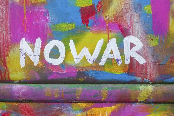 Framed Print : Lettering No War, kein Krieg, colourfully painted vintage car Framed Print : Lettering No War, kein Krieg, colourfully painted vintage car