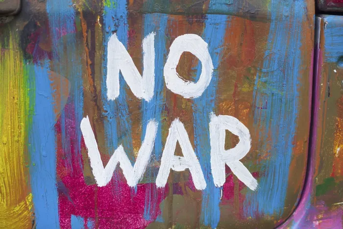 Framed Print : Lettering No War, kein Krieg, colourfully painted vintage car Framed Print : Lettering No War, kein Krieg, colourfully painted vintage car
